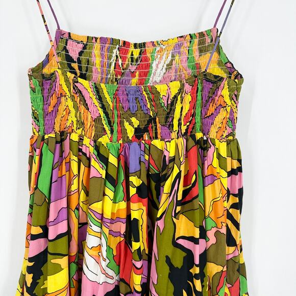 SWF Birds of Paradise A-Line Dress Smocked Square Neck Tie Shoulder Midi Floral - Picture 11 of 13